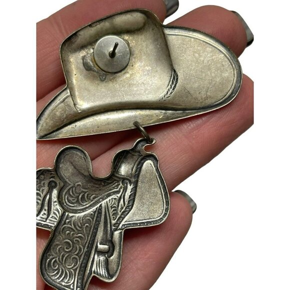 Cowboy Hat Saddle Boots Silver tone Metal Earrings Dangle Drop Southwestern - Picture 4 of 5
